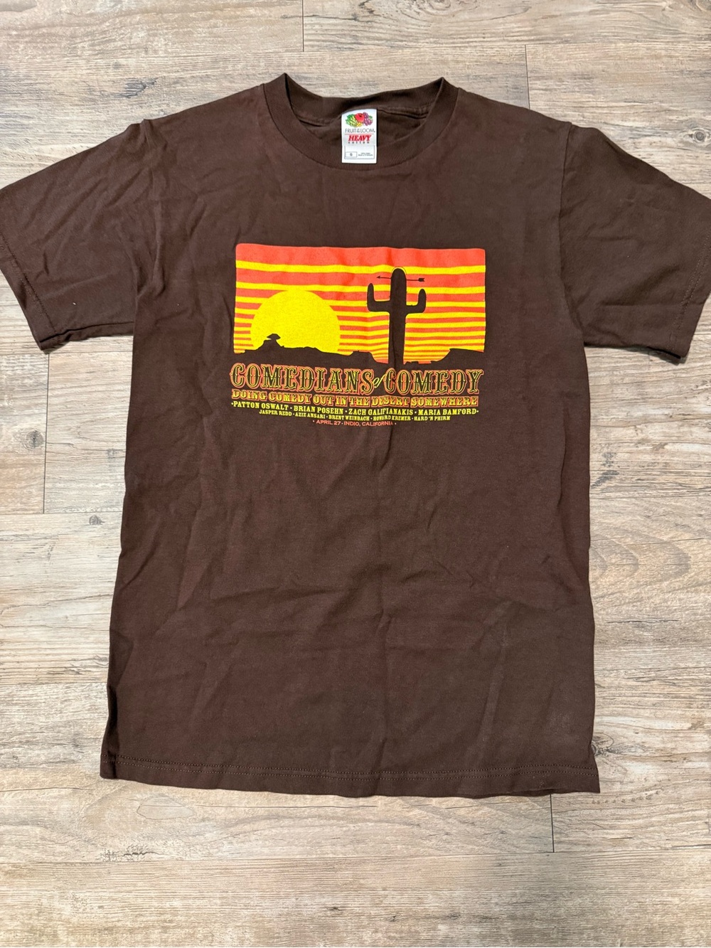 Comedians of Comedy. Brown Short Sleeve Tee with Yellow & Orange Desert Graphic
